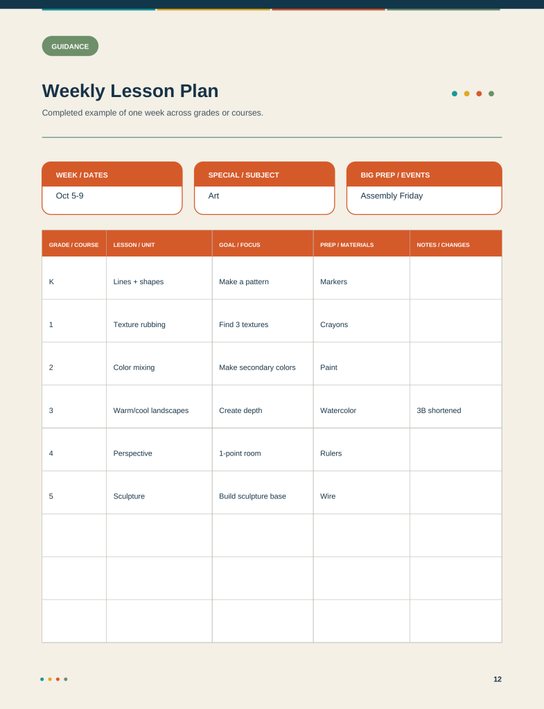 Full-page Weekly Lesson Plan example from the Specials Teacher Planner.